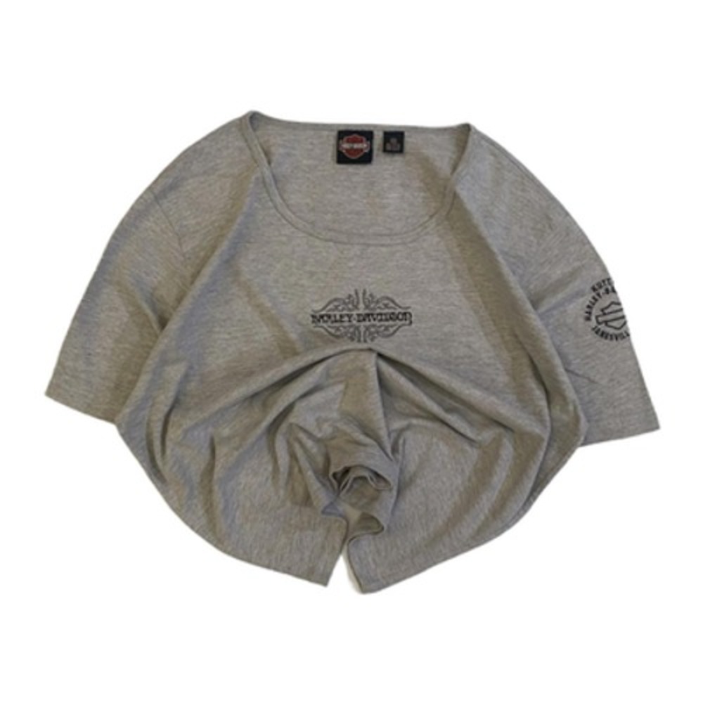 Harley Davidson T Shirt Women 2XL Grey Good Embroidered Logo Scoop Neck Tee
